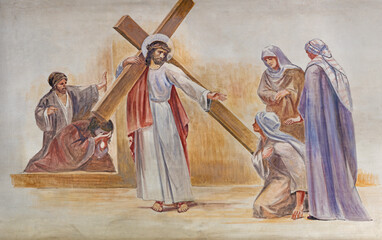 BARCELONA, SPAIN - MARCH 5, 2020: The modern fresco of Fall of Jesus under the cross in the atrium...