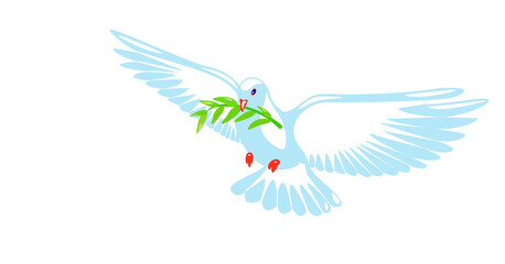 Dove of peace purity design. Pigeon with green olive branch on white background. Logo, symbol of love and messengers. Flat vector Beautiful graphic isolated element. Flying cartoon bird drawing