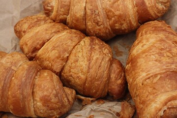 Delicious fresh croissants on a picnic macro