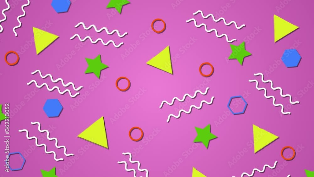 Poster background with multicolor geometric shapes pattern in retro, memphis 80s - 90s style. animated vint
