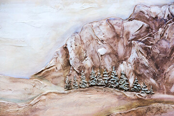Vintage old fresco decoration on the wall, rural landscape. Evpatoria, Crimea