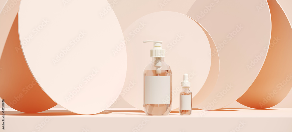 Poster minimal cosmetic background for product presentation. cosmetic bottle on beige podium with circular 
