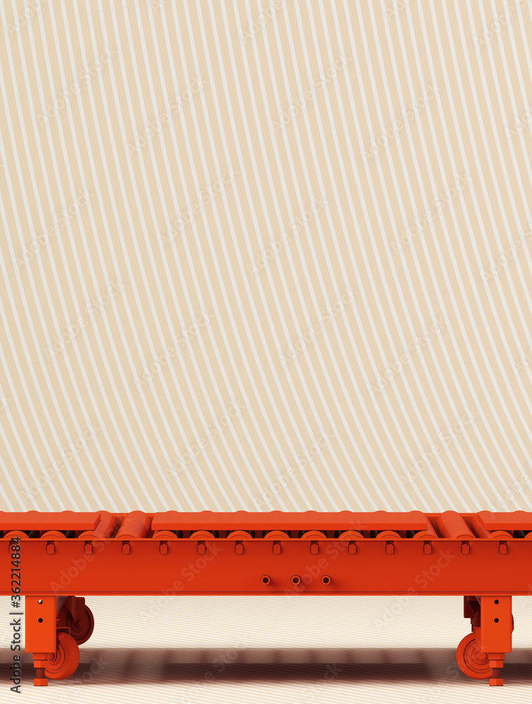 Poster creative background for product presentation. red roller conveyor on beige stripe pattern background