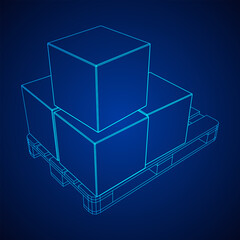 Cargo pallet for warehouse with stacked goods cardboard boxes. Logistics shipping concept. Wireframe low poly mesh vector illustration.