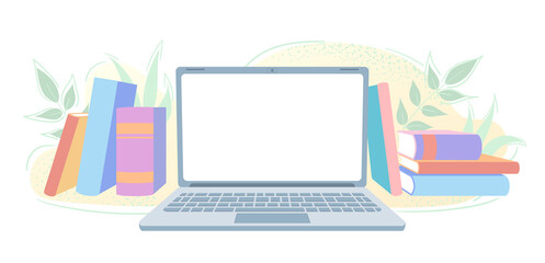 Flat laptop with copy space and books. Internet information technology concept illustration. Blank screen in computer with bookshelves banner. Online study class, distance education. E-learning cover
