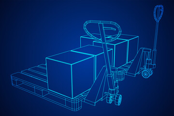 Hand pallet jack lift with pallet and stacked goods cardboard boxes. Manual forklift. Logistics shipping concept. Wireframe low poly mesh vector illustration.
