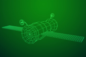 Space station communications satellite. Wireframe low poly mesh vector illustration.