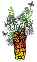 Summer juice cup with flowers, leaves and butterflies
