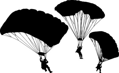 Military soldiers in the air with parachute / silhouette vector
