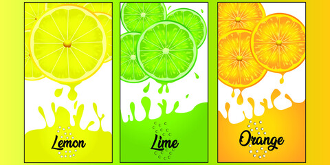 Juicy and fresh fruit. Lemon, lime, orange. Dew drops and splash. 3d vector realistic set. Art vector illustration.