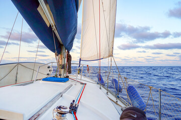 Obraz premium Sailing boat wide angle view in the sea. Yachting as a luxury sport and great vacation. Selective focus.