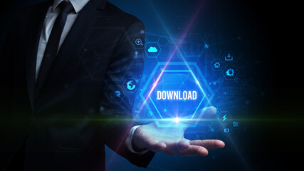 Man hand holding DOWNLOAD inscription, social media concept