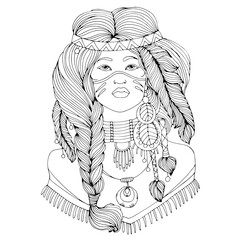 JPEG  drawn portrait Native American Indian woman in national headdress. Ethnic tribal girl with braided feathers in long hair. Wild spirit of the West. Ornamental Coloring page