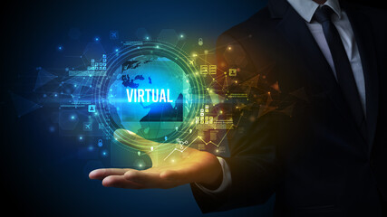 Elegant hand holding VIRTUAL inscription, digital technology concept