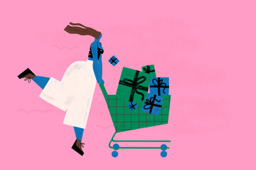 A young woman happily goes shopping and pushes a shopping cart full of gifts. Commercial banner or advertisement illustration.