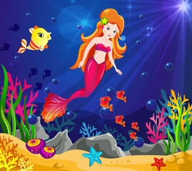 Vector illustration of underwater scene with beautiful mermaid/marine princess/underwater world