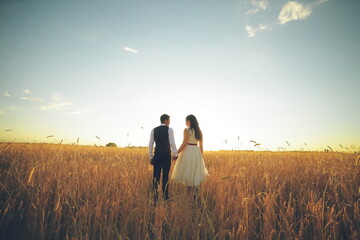 The bride and groom hold hands, hug each other and walk in the park. Sunset light. wedding. Happy love concept.