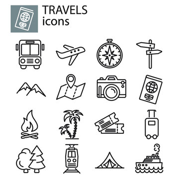 Travel, vacation and camping icon set thin line, linear, outline sign, symbol, logo black on white background