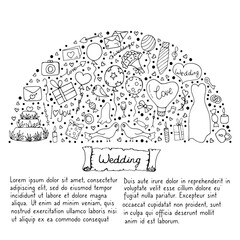 Wedding set with arrows, cake, dress, balloons, inscriptions, gifts, sweets on a white background. Vector isolated illustration with wedding elements for the design of a postcard. 
Doodle style. 