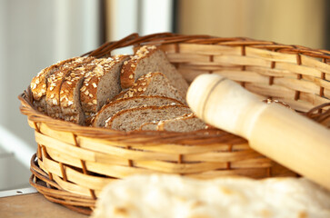 rye bread in a wicker basket