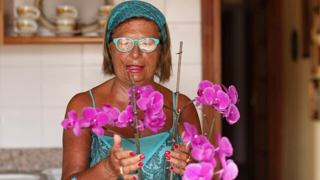 Video in 4k di una Signora mora vestita casual si rilassa in una poltrona rossa mentre guarda un film divertente nel suo salotto