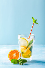 Refreshing cocktails with mint with lemon, orange, mint and ice