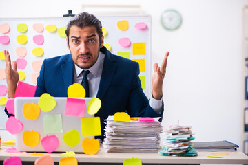 Young male employee in conflicting priorities concept