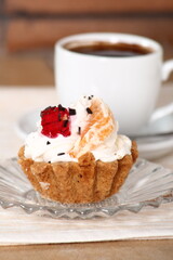 Tart with Jam, Whipped Cream, Fruits and Coffee Cup