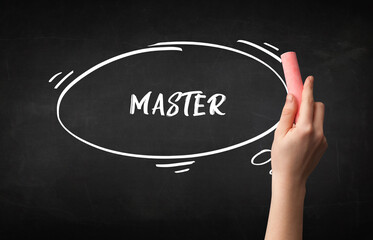 Hand drawing MASTER inscription with white chalk on blackboard, education concept