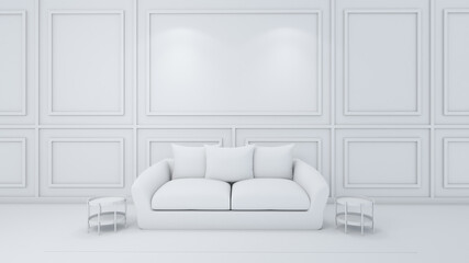 3d rendering of living room interior design, sofa and pillow, mockup on white screen