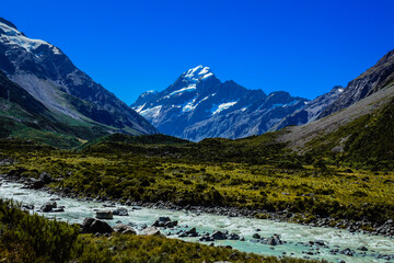 Fototapeta na wymiar Stunning Mount Cook view from the Hooker Valley Track, Aoraki Mount Cook N.P, Canterbury, South Island, New Zealand