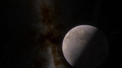 science fiction wallpaper, cosmic landscape, realistic exoplanet, beautiful alien planet in far space, detailed planet surface 3d render