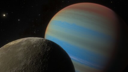 science fiction wallpaper, cosmic landscape, realistic exoplanet, beautiful alien planet in far space, detailed planet surface 3d render