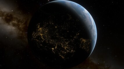 View of planet earth from space, detailed planet surface, science fiction wallpaper, cosmic landscape 3D render