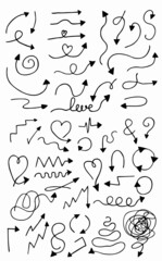 Vector set of curved abstract grunge arrows drawn by hand. Sketch doodle style. 