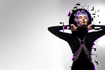 Beautiful girl with neon hologram flowers on her face