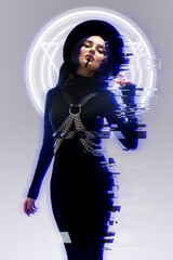 Beautiful girl with neon hologram glitch effect