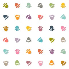 Seamless pastel colored pattern made of heart shaped footprints with drop shadow