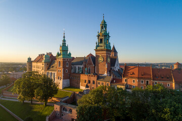 Historic royal Wawel cathedral and castle and in Cracow, Poland.  Aerial view in sunrise light early in the morning in summer