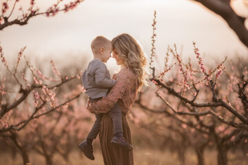 Beautiful young blonde mother with curly hair holding a little son in her arms in blooming gardens at sunset. Child care maternity concept. Mom throws the boy up, hugs, kisses, touches his forehead - Powered by Adobe