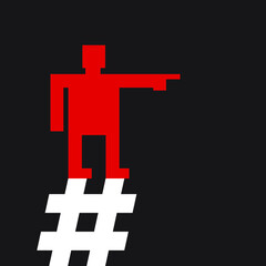
red man is  pointing  direction while standing on a hashtag sign, constructivist style