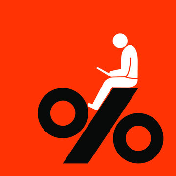 investor sitting with tablet on top of high interest rate percentage 