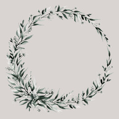 Botanical wreath. Flowers, leaves and branches in round frame. Vintage design for logo, wedding invitations, postcards, stickers and textile. White isolated background. Paper texture. Watercolor.