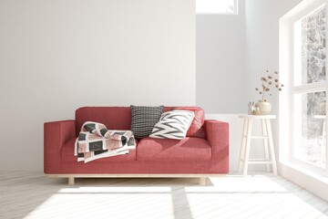 White stylish minimalist room with red sofa. Scandinavian interior design. 3D illustration