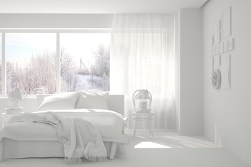 White stylish minimalist bedroom with winter landscape in window. Scandinavian interior design. 3D illustration