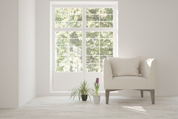 Idea of white stylish minimalist room with armchair and summer landscape in window. Scandinavian interior design. 3D illustration