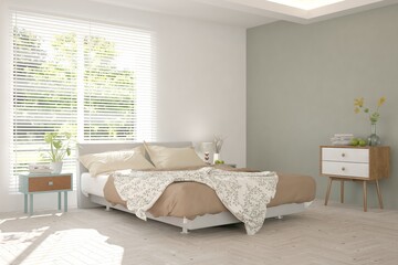 White stylish minimalist bedroom with summer landscape in window. Scandinavian interior design. 3D illustration