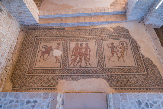 Three Graces mosaic, Fuente Alamo Archaeololgical site, Roman country house, Puente Genil town, Cordoba province, Andalusia, Spain, Europe