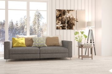 White stylish minimalist room with sofa and winter landscape in window. Scandinavian interior design. 3D illustration