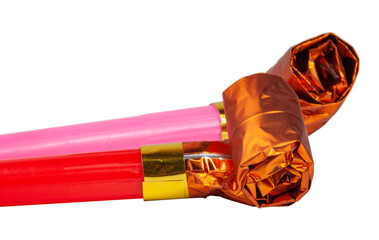 Party colorful foil noisemaker rolled or whistle isolated on the white